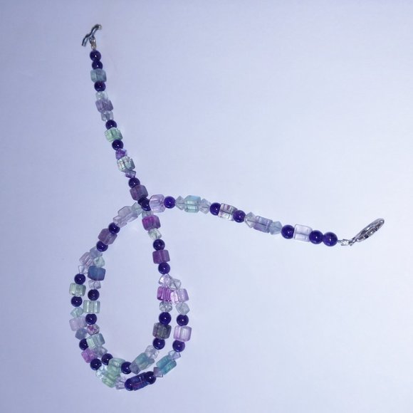 Handmade Beaded Statement Necklace with Fluorite and Amethyst Beads Purple Green - Picture 7 of 12